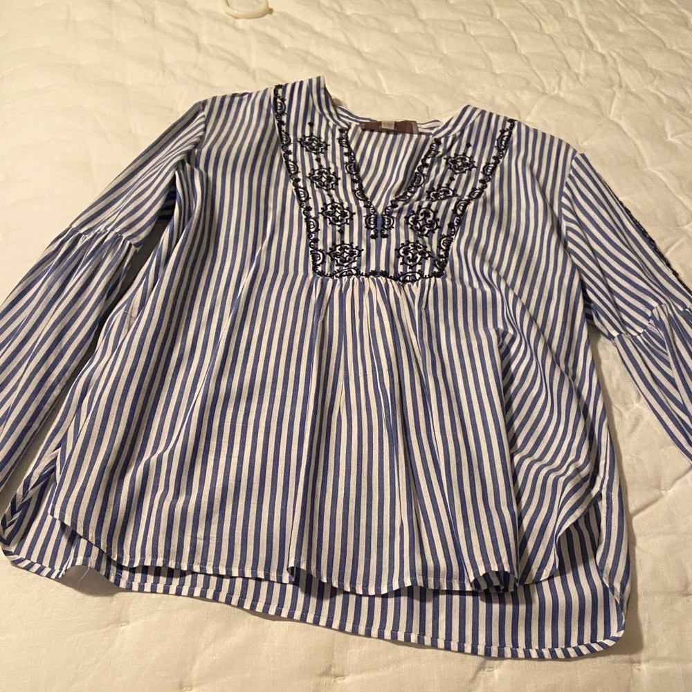 LOFT Blue and White Striped Tunic with Embroidery